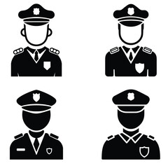 Set of Black Silhouette Police profile Icon on White Background