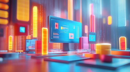 Creating digital interfaces virtual studio graphic design neon cityscape cyberpunk innovation