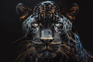 Obraz premium Front view of Panther on black background. Wild animals banner with copy space. Predator series. digital art