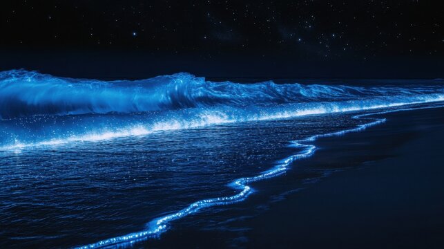A mesmerizing view of the bioluminescent waves at Vaadhoo Island, Maldives, Coastal scene