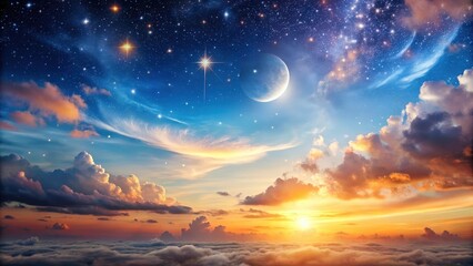 Obraz premium A celestial tapestry of stars, moon, and clouds, painted across a vibrant sky, a breathtaking panorama of cosmic wonder.