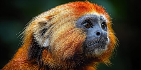 Fototapeta premium Golden Lion Tamarin Monkey Close-Up Portrait in Lush Greenery: Vibrant Wildlife Photography with Detailed Fur Texture and Expressive Eyes in Natural Habitat