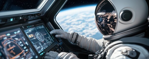 Astronaut navigating spacecraft in Earth's orbit.