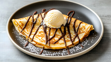 Delicious chocolate drizzled crepe topped with scoop of vanilla ice cream, served on stylish plate. perfect dessert for any sweet tooth!