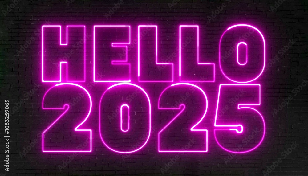 Poster hello 2025 text font with light. luminous and shimmering haze inside the letters of the text hello 2