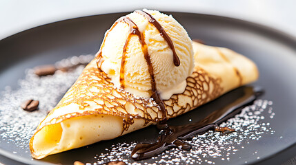 Delicious crepe wrapped around scoop of vanilla ice cream, drizzled with chocolate sauce and sprinkled with powdered sugar, creating delightful dessert experience