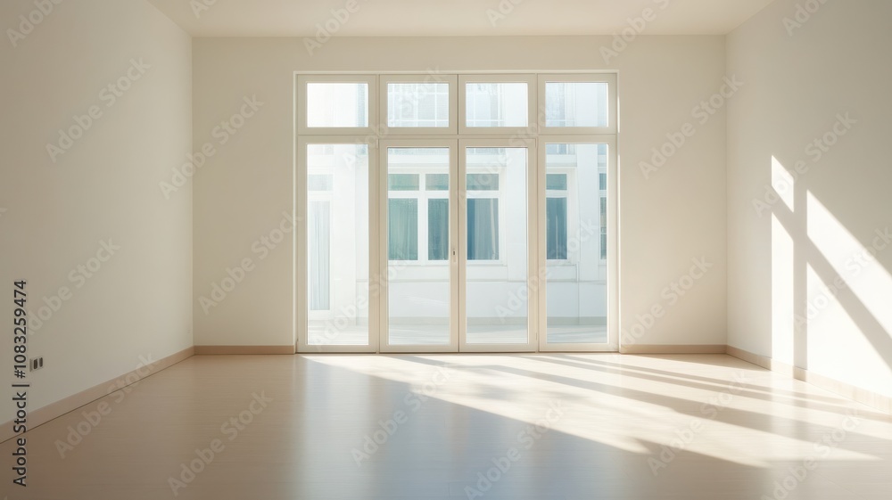 Poster bright and minimalistic empty room with large windows and sunlight.