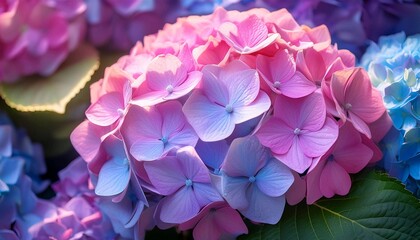 Obraz premium Colourful Hydrangea macrophylla Blossom near house wall. Colorful hydrangeas in garden, close up. Purple blue pink hortensia blooms. Endless summer Hydrangea flowers.