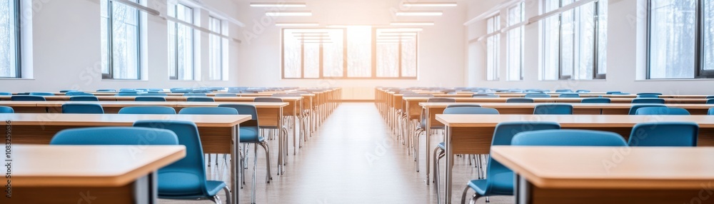 Poster bright classroom with empty desks and sunlight streaming in.