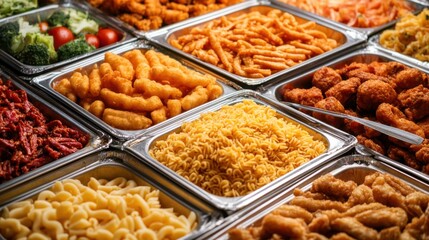 Fototapeta premium Assorted buffet dishes including fried snacks, pasta, and fresh salads, highlighting variety in catering services