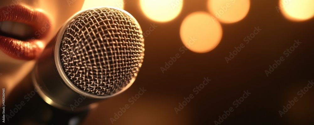 Poster close-up of a microphone with a blurred background of lights.