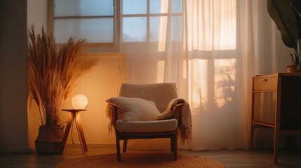 Fototapeta premium A minimalist boho living room with a cozy chair, soft lighting, and natural textures, blending modern simplicity and comfort