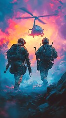 Fototapeta premium movie poster showcasing, Two Men in Military Gear Under Helicopter Glow