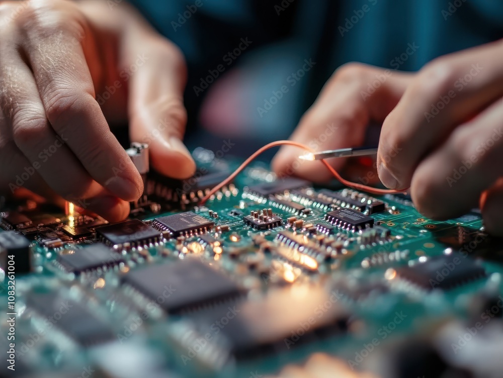 Poster close-up of hands repairing a circuit board with precision tools.