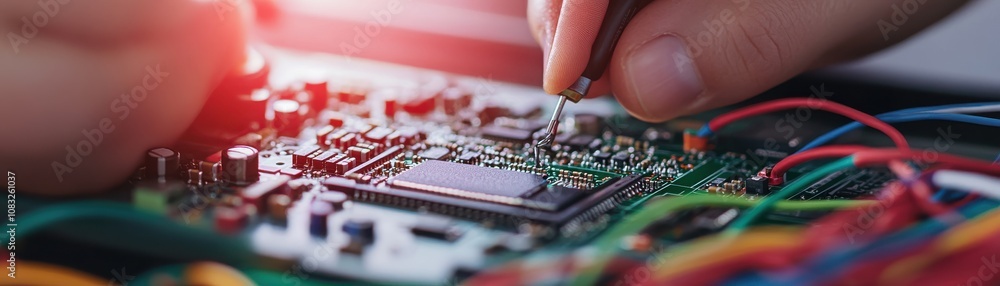 Poster close-up of hands working on a circuit board with electronic components.