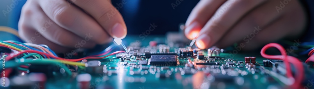 Poster close-up of hands working on a circuit board with colorful wires.