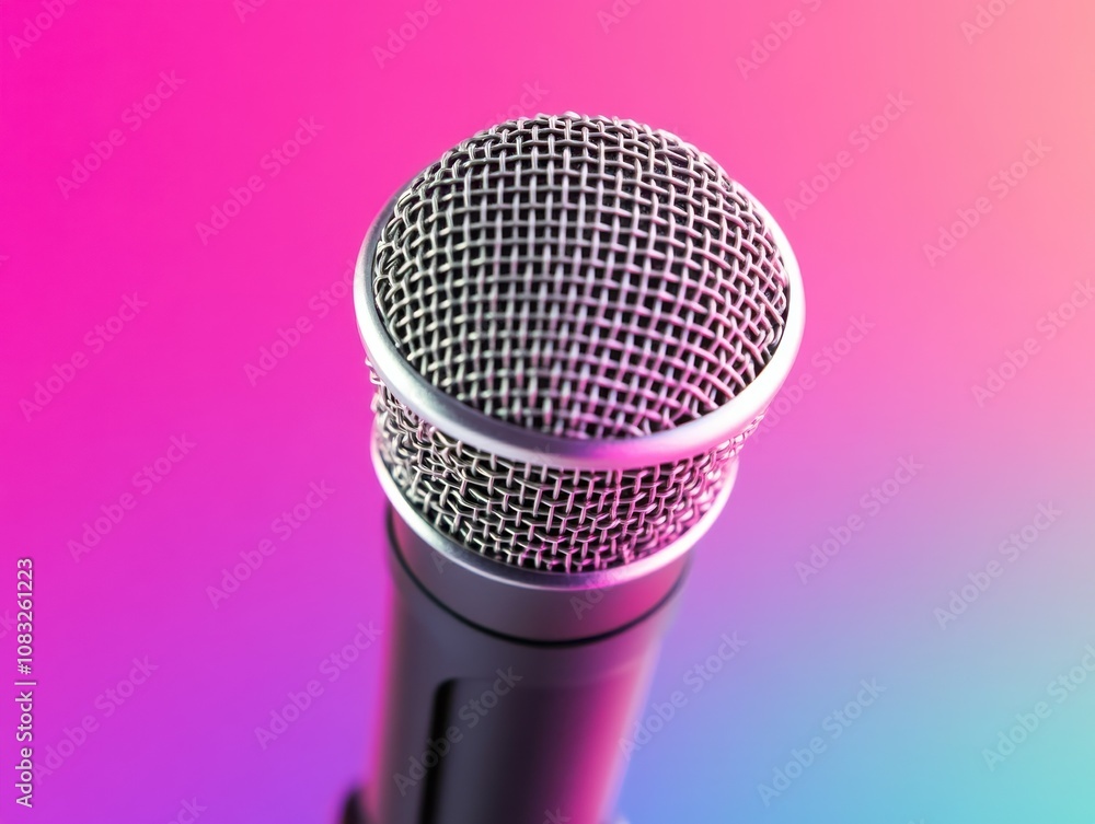 Poster close-up view of a microphone on a colorful gradient background.
