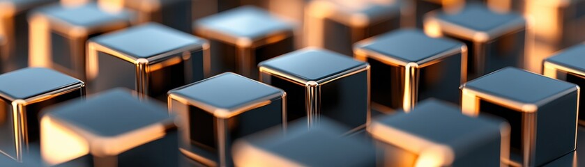 Close-up view of metallic cubes with reflective surfaces.