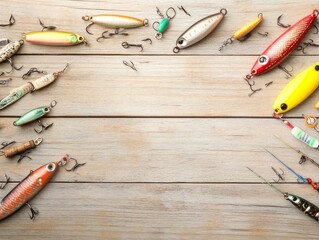 Colorful fishing lures and hooks arranged on a wooden surface.
