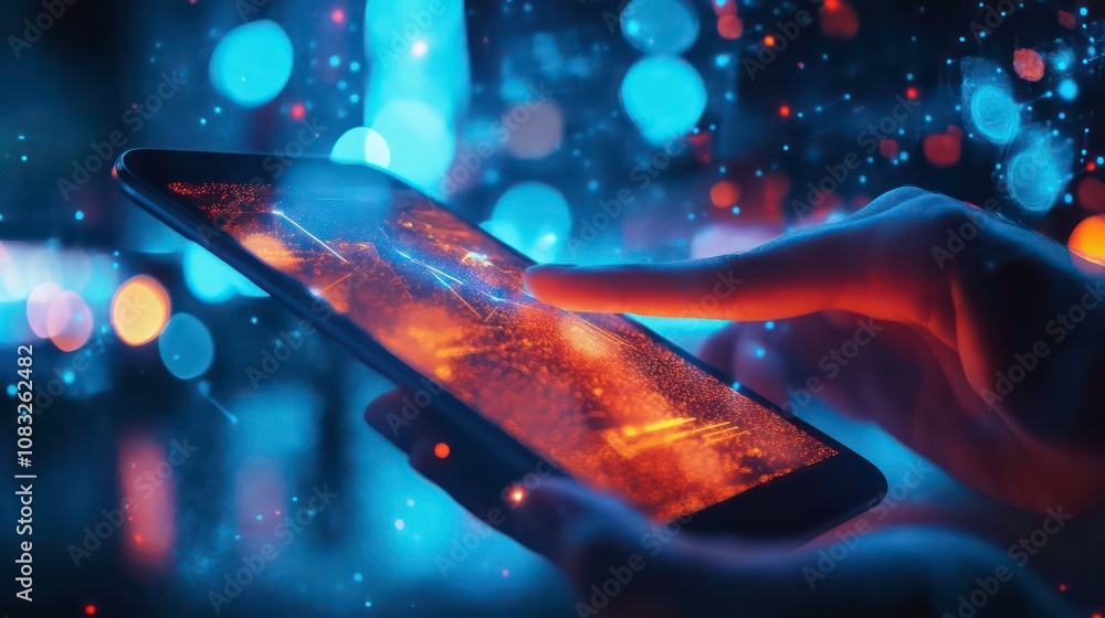 Aufkleber marketers optimizing websites for mobile devices using ai at night with blue and orange light effect