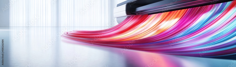 Poster colorful ink flowing from a printer, creating vibrant patterns.