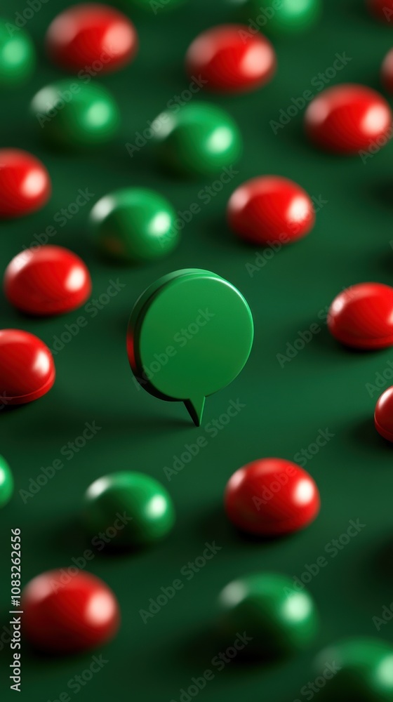 Poster a vibrant arrangement of red and green circles on a green background, with a single green speech bub