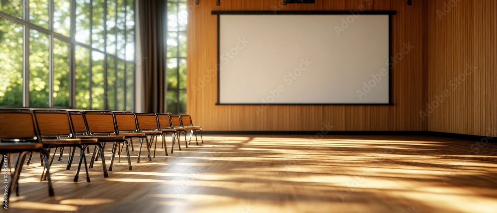 Poster learning and education concepts, A spacious classroom with wooden walls and large windows, featuring a blank screen and several empty chairs arranged in a row.