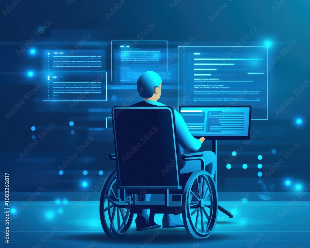 Aufkleber learning and education concepts, a person in a wheelchair working on a computer, surrounded by digit