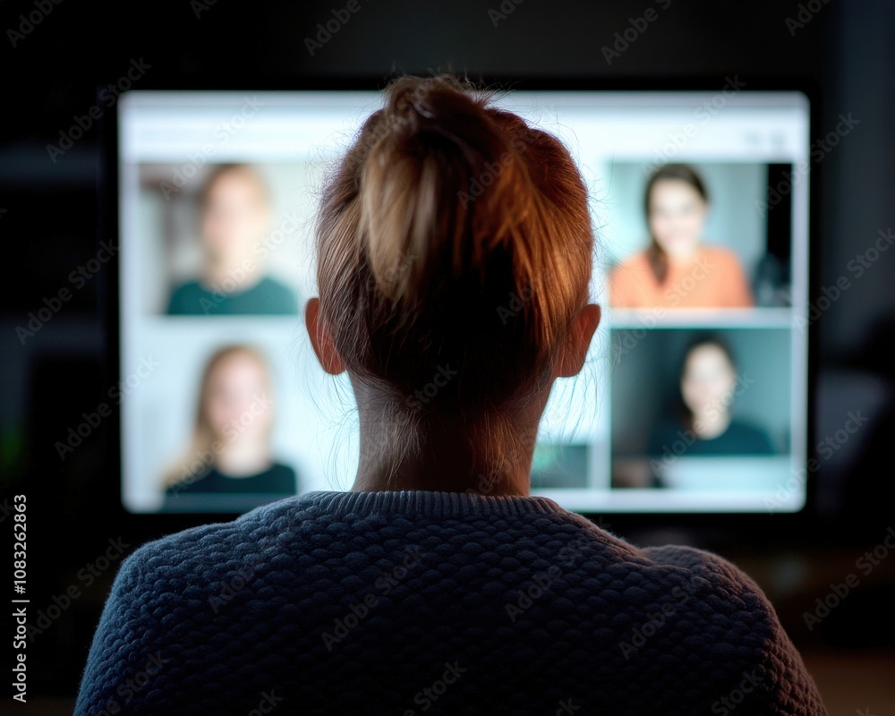 Poster learning and education concepts, A person views a video call on a computer screen, focusing on multiple participants, highlighting remote communication and digital interaction.