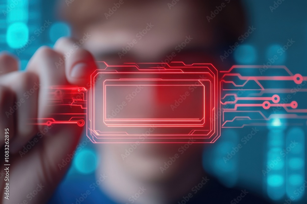Aufkleber A person interacts with a futuristic, digital interface, showcasing technology with glowing elements and a high-tech atmosphere.