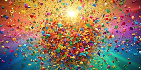 A vibrant burst of colorful confetti with a golden shimmer, celebrating a joyous moment with light and energy.