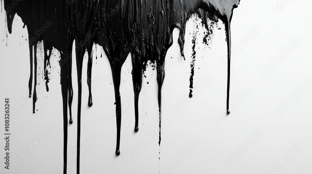 Poster abstract black paint dripping down a white surface creating artistic texture and visual contrast for