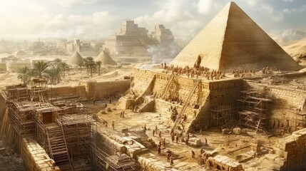 A bustling scene of construction workers building a massive pyramid in ancient Egypt.