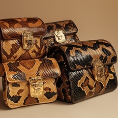 Fototapeta premium high-end snake skin bags arranged against a beige background, showcasing the luxurious texture and patterns of the snake skin