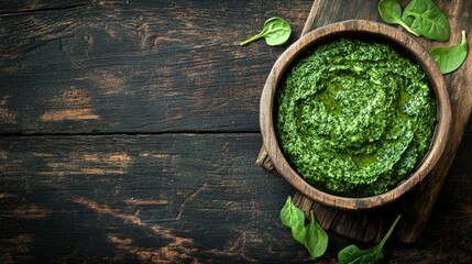 Fresh Green Spinach Sauce in a Rustic Wooden Bowl on Dark Wooden Background with Spinach Leaves Surrounding the Bowl for Healthy Cooking and Meal Preparation