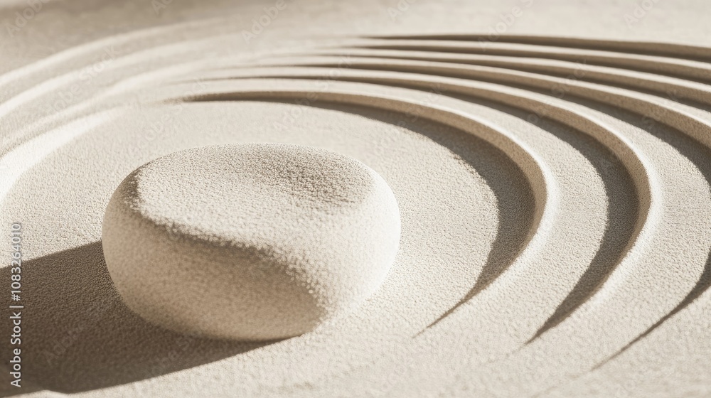 Poster serene sand design featuring smooth stone and gentle waves in natural patterns, evoking calmness and