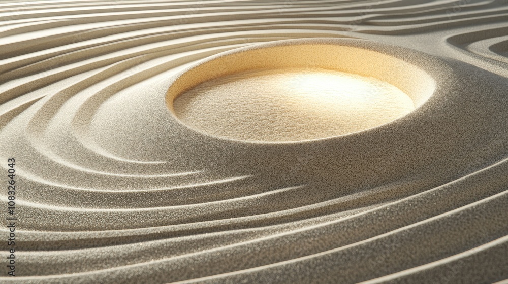 Poster abstract representation of a serene sand pattern featuring smooth curves and a central depression, c