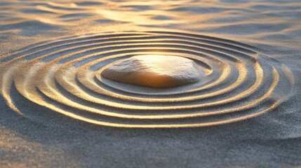 Naklejka premium Beautiful Close-up of Ripple Patterns on Golden Sand with a Single Smooth Stone Surrounded by Gentle Waves Reflecting Warm Light at Sunset