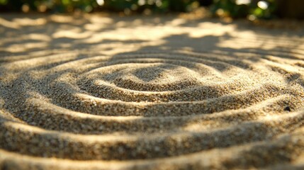 Naklejka premium Tranquil Zen Garden Sand Patterns Creating Meditative Spiral Designs Under Soft Sunlight and Gentle Shadows in a Peaceful Nature Setting