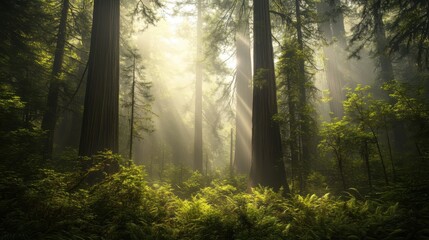 Obraz premium A mystical view of the ancient redwood forest in California's Redwood National and State Parks, Forest scene, Mystical style