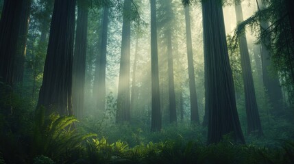 Obraz premium A mystical view of the ancient redwood forest in California's Redwood National and State Parks, Forest scene, Mystical style