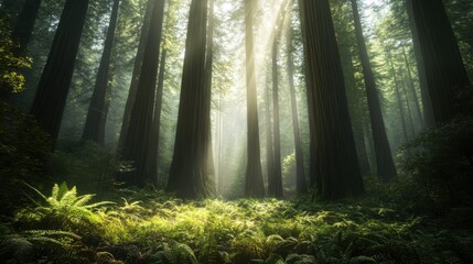 Obraz premium A mystical view of the ancient redwood forest in California's Redwood National and State Parks, Forest scene, Mystical style