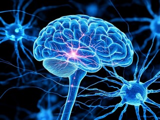 Obraz premium Detailed illustration of glowing blue neurons interconnected within a digital neural network symbolizing brain communication advanced computing and biological innovation