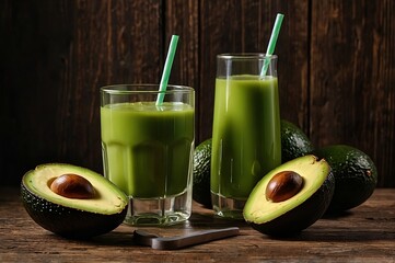 Avocado juice in a glass with fresh avocado on the wooden table