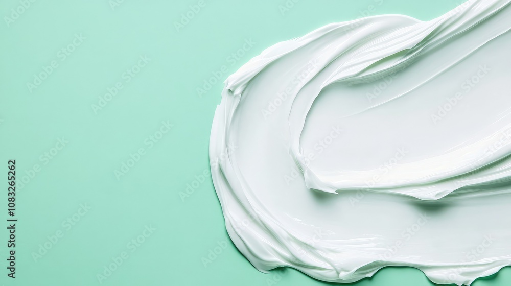 Poster smooth creamy texture of white paint or lotion on a soft pastel green background showcasing a dynami