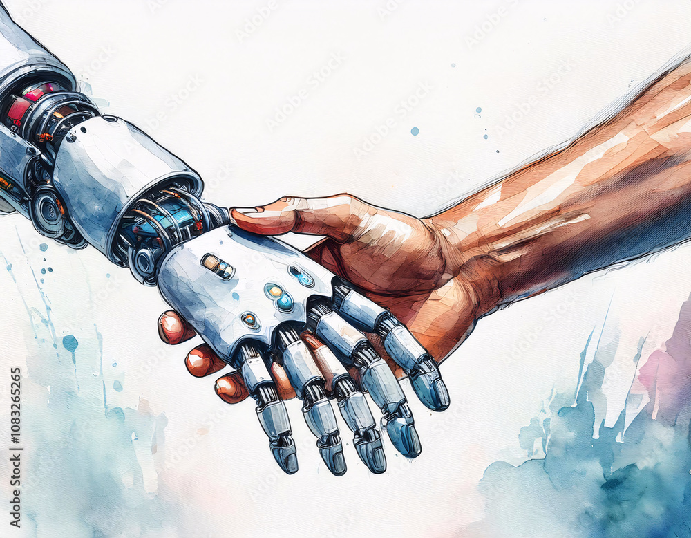 Poster a human hand reaches out to grasp a robotic hand, creating a poignant image of human-ai interaction