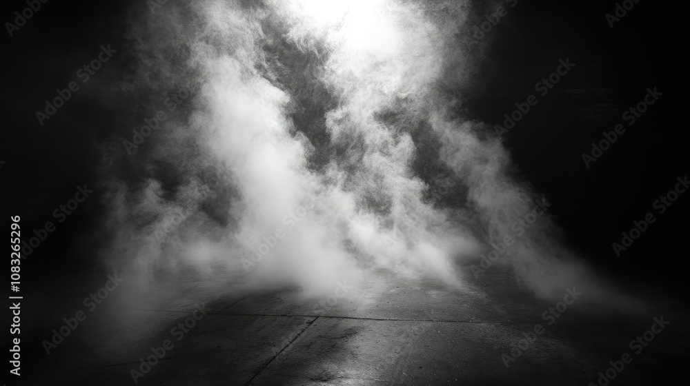Poster ethereal fog and mist filling a dark room with dramatic shadows and light rays creating an atmospher