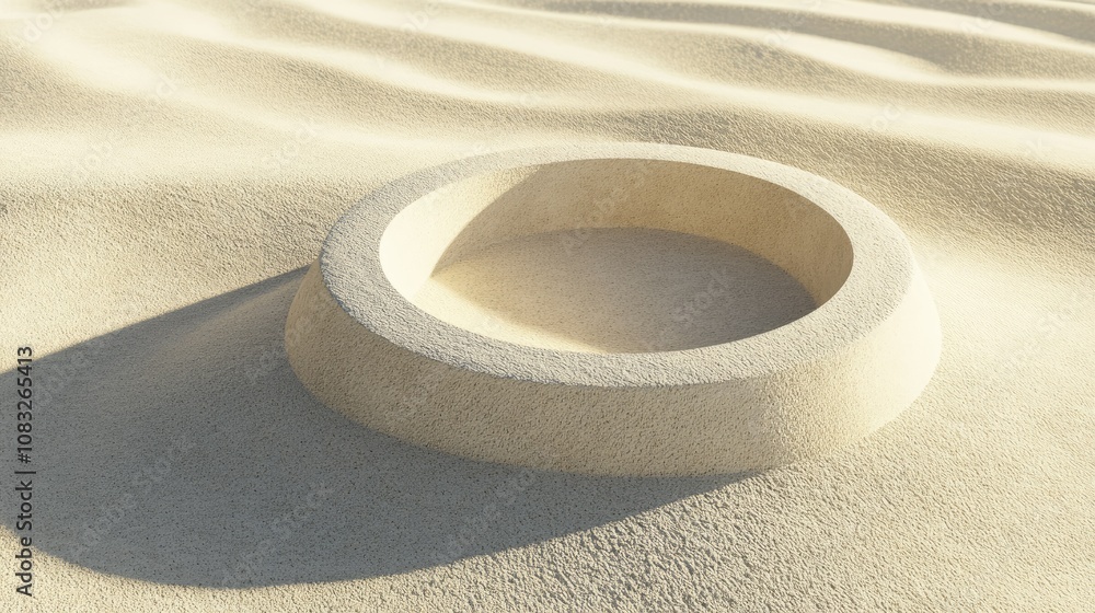 Poster minimalist circular sandscape element in natural light, emphasizing calm and serenity of desert envi