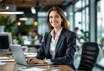 Portrait of a Smiling Confident Businesswoman Working on Laptop in Modern Office