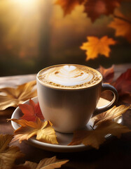 Steaming cup of coffee with beautiful latte art, surrounded by autumn leaves